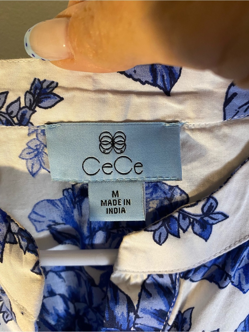 CeCe Blue and White Floral Ruffle Sleeve Blouse - Picture 6 of 12